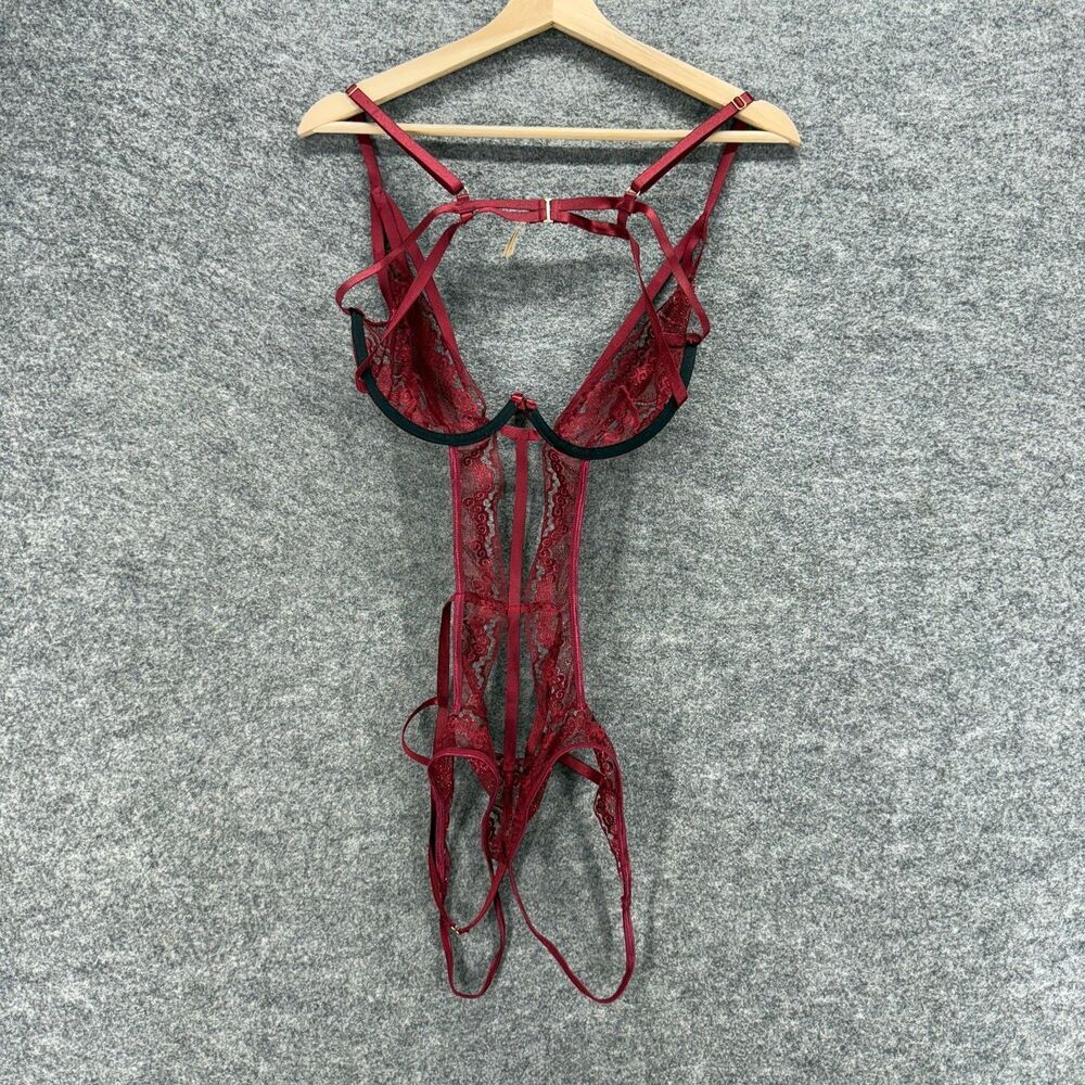 Roma Embellished Lace Bodysuit Women L Large Red Underwired Sheer Hook & Eye - Picture 4 of 5